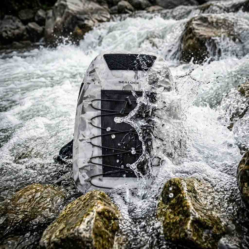 Technical fishing waterproof backpack deployed in swift moving river currents during deep wading